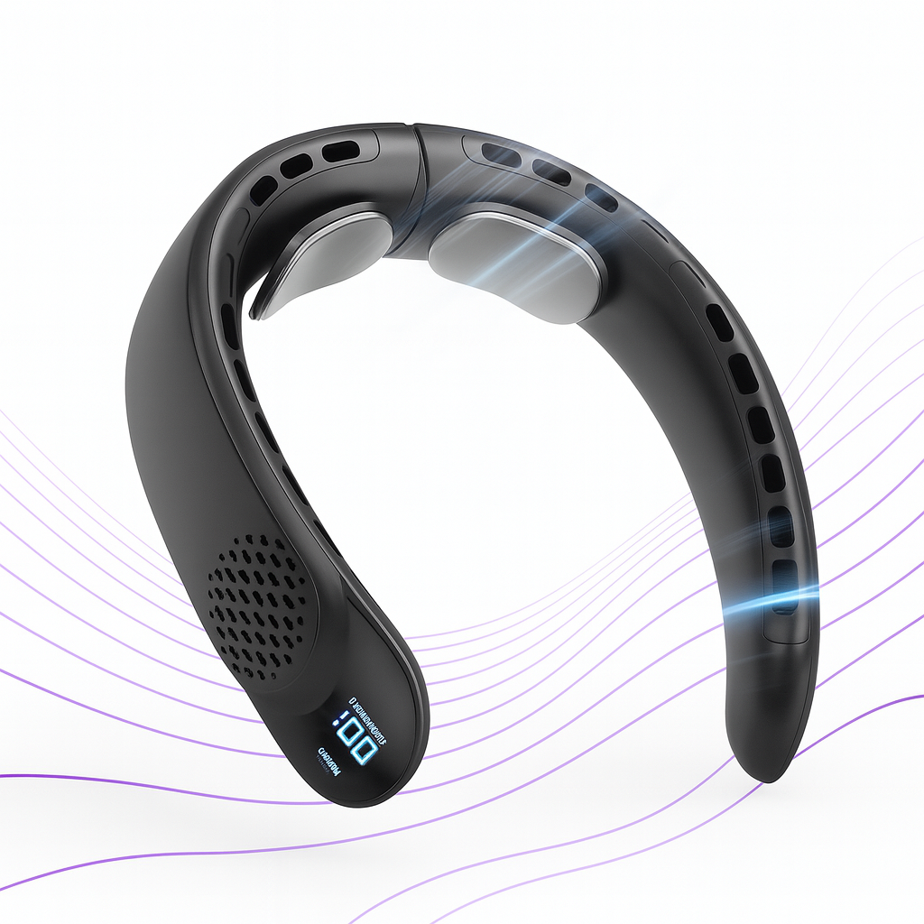 Quad-Core USB Neck Fan — 4000mAh Vaneless Cooling with Digital Display
