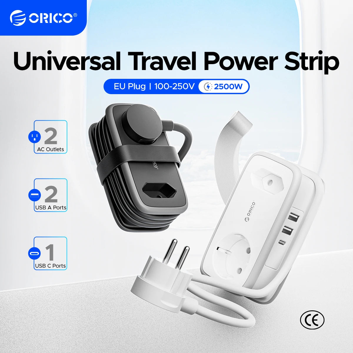 ORICO Power Strip  2AC 3USB Port EU Plug Socket 1.1M Extension Cable Sockets 5-In-1 Smart Socket for Home/Travel Power Strip