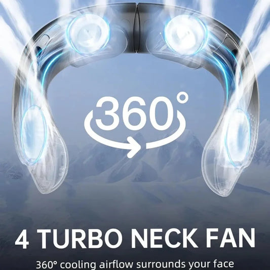 Quad-Core USB Neck Fan — 4000mAh Vaneless Cooling with Digital Display
